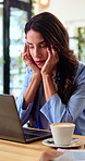 Remote work, stress and woman with headache in cafe, job fatigue and account error with laptop. Freelance accountant, migraine and mature person at coffee shop with pain, burnout or financial mistake