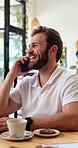 Businessman, smile and remote work in coffee shop with phone call, talk or planning marketing project. Happy, person or freelancer in cafe with tech, contact or discussion for creative brand campaign