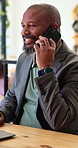 Phone call, happy and black man in office for communication on finance negotiation. Talking, cellphone and financial manager on mobile discussion for investment feedback, news or review at agency.