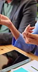 Meeting, laptop and hands of business people in cafe with documents for investment planning. Discussion, computer and team of financial advisors with paperwork for finance report in coffee shop.