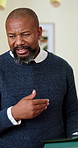 Business man, tablet and meeting in office, discussion or presentation brief with online tasks. Mature black person, talk and technology for pitch, digital agenda and productivity in workplace