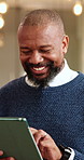 Mature, businessman and laugh in office with tablet, funny email and joke for financial management. Bokeh, black person and finance worker in workplace with tech, web chat and happy for online meme.