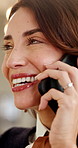 Woman, laugh and talk in office with phone call, funny story and update for press release statement. Bokeh, happy mature person and discussion in business with tech, contact and joke for PR feedback.