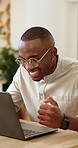 Business, glasses and man with laptop, celebration or excited with successful social media campaign. Marketing manager, online and person with technology, happiness and fist pump for achievement