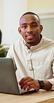 Creative, face and man with laptop in office, online or confident for copywriting career development. Business, copywriter and black person with technology, happy and email marketing with info on app