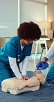 CPR, team or nurses training with mannequin for healthcare, first aid practice or emergency rescue. Medical simulation, chest compression or woman with dummy in ventilator mask for learning at clinic