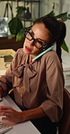 Phone call, typing and businesswoman in office at night with communication for finance negotiation. Glasses, deadline and mature financial manager on mobile discussion for investment feedback.