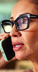 Phone call, contact and businesswoman in office at night with communication for finance negotiation. Glasses, deadline and mature financial manager on mobile discussion for investment feedback.