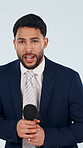 Face, reporter and man with mic in studio, broadcast and explaining news presentation on live stream. Blue background, journalist and person with announcement, talking and press updates in Brazil