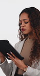 Business, woman or stress with tablet in studio for draft upload fail, 404 error or missed deadline. Thinking, frustrated editor or tech on white background for network glitch, lost progress or worry