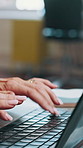 Woman, hands or typing with laptop for schedule, finance or record keeping in small business startup. Female person, bookkeeper or keyboard on computer for online report, tasks or agenda in workplace