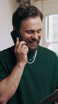 Business, phone call and tablet with man in barbershop for agenda, online booking or schedule. Communication, review and startup with happy person at hairdresser for management of digital calendar