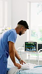 Bed, healthcare and male nurse in hospital for change, internship duties or residency. Bedding, responsibility and tidy with student man in medical clinic for help, service occupation or shift