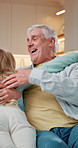Love, grandparents or kid in house with hug, security or bonding together on weekend break. Support, senior people or grandchild with run, happy connection or family embrace in healthy relationship.
