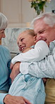 Love, grandparents or girl in home with hug, security or bonding together on weekend break. Support, senior people or grandchild with run, happy connection or family embrace in healthy relationship.