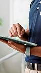 Physiotherapist, hands and research in clinic with tablet, patient medical history and recovery plan. Physical therapy, man and scroll in office with tech, wellness app and website for healthcare.