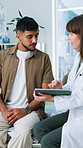 Doctor, patient and talk in hospital with tablet, test results feedback or medical research for advice. Healthcare worker, people and discussion in clinic with tech, diagnosis and recommendation.