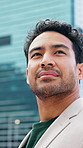 Business, thinking and man in city with idea, real estate development and professional insight. Reflection, planning or realtor in town with building view, property expansion opportunity or pondering