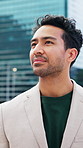 Business, thinking and man in city for planning, real estate development or professional insight. Reflection, vision or realtor in town with building view, property expansion opportunity or pondering
