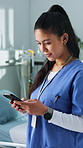 Medical, telehealth or nurse in hospital with phone, patient contact or diagnosis chat on online app. Healthcare, reading or doctor with tech, digital consultation or email feedback on treatment plan