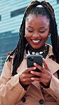 Business, texting or black woman in city with phone, message response or networking on chat app. Laugh, contact or happy employee outdoor with tech, digital communication or email feedback in town.