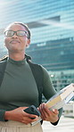 Student, phone or happy woman with books in city for semester start, explore urban campus or future. Education, black person and walk with mobile for college tour, scholarship opportunity and pride