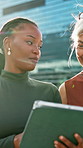 Tablet, team and businesswomen in city for planning, real estate listing or development report with flare. Technology, people and discussion outdoor for proposal, feedback or property price review