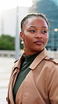 Business, walking and black woman in city, thinking and urban planner on morning commute. Travel, employee and person outdoor with reflection, thoughts and sightseeing for property development