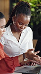 Team, help and women with laptop in business, digital marketing and planning for project on website. Colleagues, meeting and collaboration with technology, conversation and advice for ad campaign