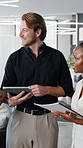 Meeting, advice and man in office with tablet, draft insight or source feedback for article. Discussion, coworking and happy journalist with tech, story planning or team research for publication