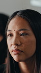 Funeral, sad and woman in church with thinking, remembrance or grieving past with mourning. Unhappy, coping or female person with emotional flashback, bereavement or reflection at memorial ceremony. 