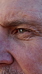 Old man, eye and closeup for ocular health, myopia and visual sight with eyecare or glaucoma. Face, eyesight and senior person for optical wellness, cataract and optometry with cornea perception