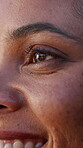 Person, eye and closeup for ocular health, myopia and visual sight with eyecare or contact lens. Face, eyesight and happy woman for optical wellness, laser treatment or LASIK for clear vision