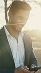 Business, man or laugh with phone outdoor for seller negotiation, rental agreement or funny message. Flare, realtor and happy with mobile app in sunshine for commercial sale, property update or joke
