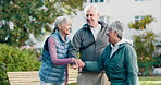 Fitness, support or senior people with handstack, outdoor bonding or motivation for exercise. Happy, connection or elderly friends with clap, workout together or encouragement in retirement activity.