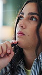 Thinking, task or university student in home with pen, study session or problem solving in coursework. Revision, thoughts or woman with assignment, exam insight or brainstorming on college thesis.