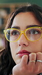 Glasses, reflection and thinking with woman closeup for memories, problem solving or solution. Eyewear, future and planning with thoughtful person in contemplation for decision, question or vision