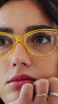 Glasses, inspiration and thinking with woman closeup for memories, problem solving or solution. Eyewear, ideas and planning with thoughtful person in contemplation for decision, question or vision