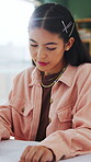 Study, task or university student in house with writing, exam prep or academic knowledge in assignment. Education, flare or woman with notes, revision session or assessment review for college thesis.