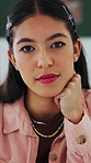 Girl, student and face in home for studying with university education, scholarship or assignment. Female person, portrait and smile in living room for school lesson with confidence, project or break