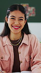 Girl, student and face in home with notebook for university education, scholarship or assignment. Female person, portrait and smile in living room for research with confidence, project or lesson