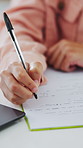 Teacher, hands and grading in office for writing, school and university test or quiz marking. Woman, exam and book or question paper for student, project and college education with assignment or note