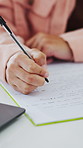 Teacher, hands and book in office for grading, school and university test or quiz marking. Woman, writing and exam or question paper for student, project and college education with assignment or note