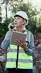 Woman, engineer and radio with tablet for construction, inspection and guidance for architecture. Thinking, mature person and talking at site with digital, quality assurance and building development