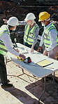 Architect, discussion and people outdoor at construction site with blueprint, building or excavation. Planning, men and woman together for teamwork, collaboration and civil engineering project