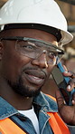 Phone call, engineer and talk with black man on construction site for architect, building or feedback. Communication, contractor and project manager with person outdoor for urban development update