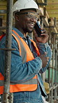 Phone call, engineer and happy with black man on construction site for architect, building or feedback. Communication, contractor and project manager with person outdoor for urban development update