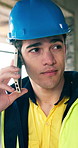 Phone call, man and engineer with conversation on construction site for inspection schedule. Compliance, discussion and architect for building project, development report or engineering review