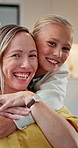 Face, mother and hug child for care, bonding together and smile with connection on weekend. Happy family, parent and embrace girl with love in house for support, security and trust with daughter