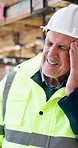 Man, architect or headache with stress on construction site for overworked, pressure or injury. Frustrated, mature person or engineer with pain for building accident, strain or inspection mistake